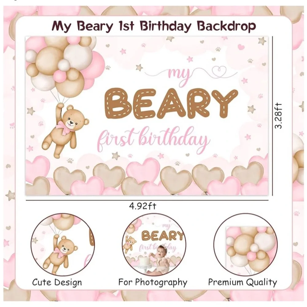 My Beary 1st Birthday backdrop,4.9 ft. x 3.28 ft.Decorations for Girls Pink Bear